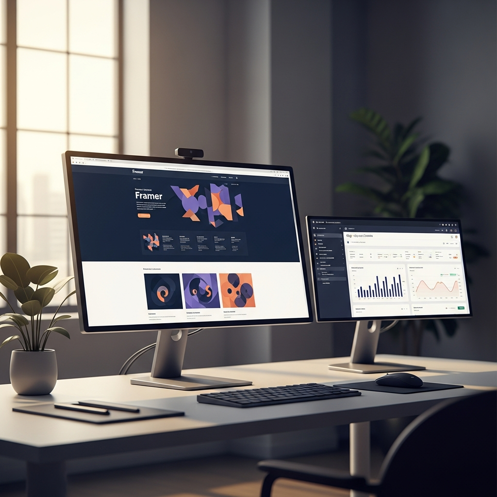 Framer website and search analytics dashboard on a modern workspace