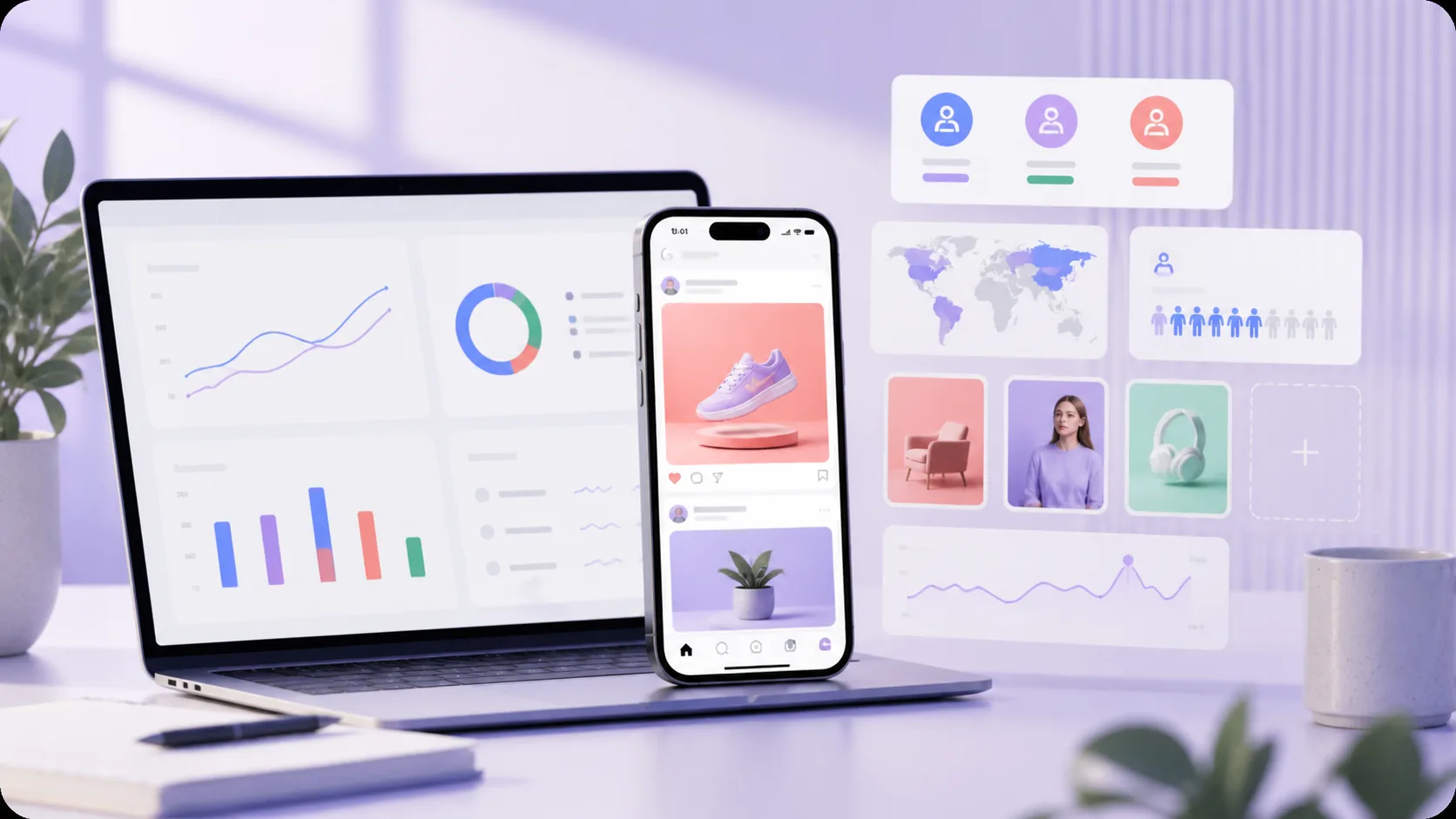 Meta Ads management dashboard and paid social creative testing visuals